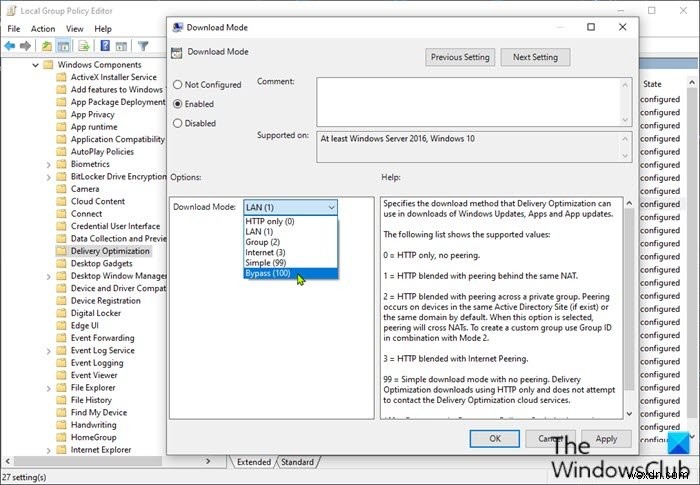Disable Delivery Optimization via Group Policy or Registry Editor in Windows 10