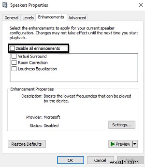 Turn off or Disable Audio Enhancements in Windows 10