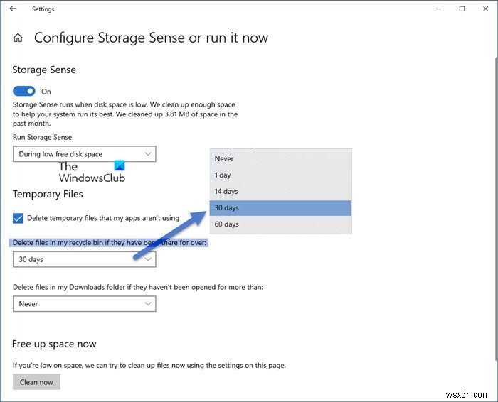 Automatically delete files in Downloads folder & Recycle Bin using Storage Sense in Windows 10
