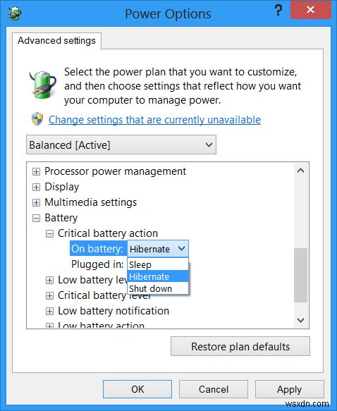 Change Critical Level Battery Action & Low Level Battery Action in Windows 11/10