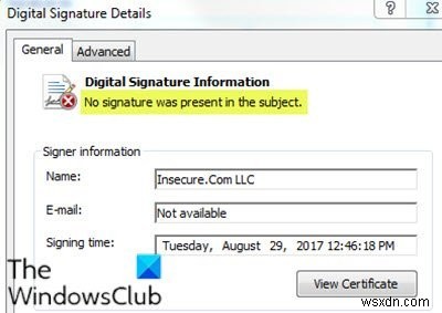 No signature was present in the subject – Driver Signature Details