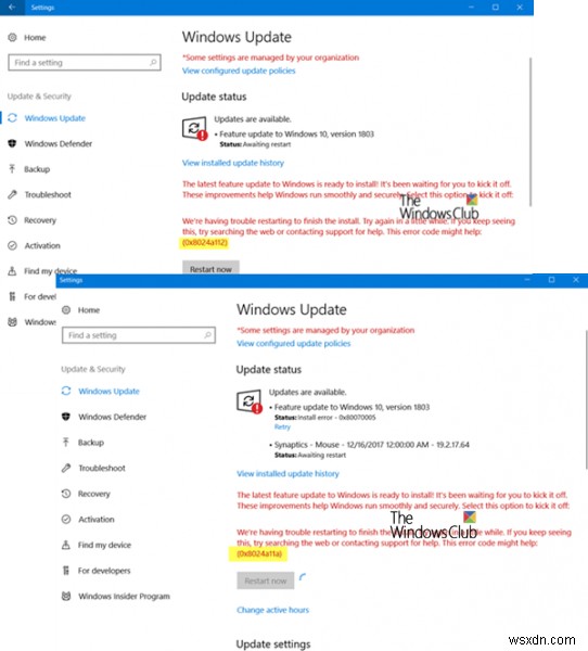 We’re having trouble restarting to finish the install, Error 0x8024a11a, 0x8024a112, 0x80070005 or 0x80070032