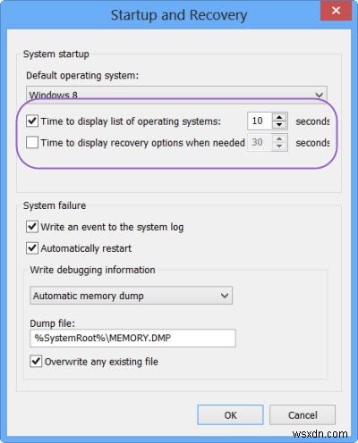 Change Time to display list of operating systems & Recovery Options in Windows 10