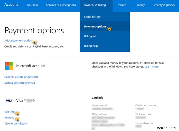 Add, Edit Payment Method, Remove Credit Card in Microsoft Store in Windows 10