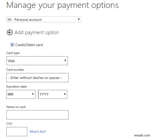 Add, Edit Payment Method, Remove Credit Card in Microsoft Store in Windows 10
