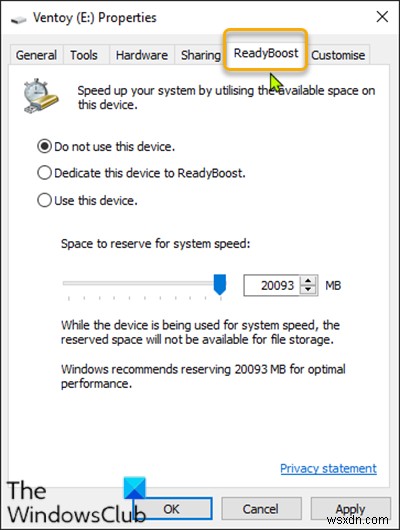 How to add or remove ReadyBoost tab in Drive Properties in Windows 10