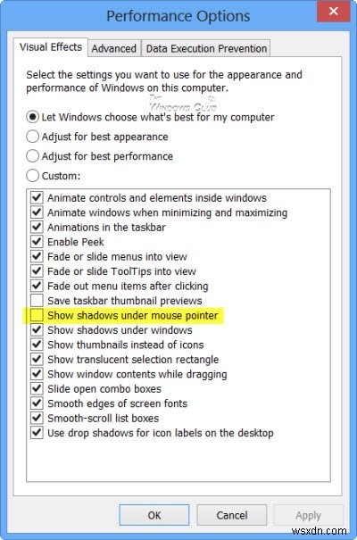 How to disable or enable Windows Mouse Pointer Shadow feature