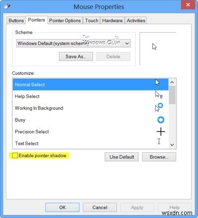 How to disable or enable Windows Mouse Pointer Shadow feature