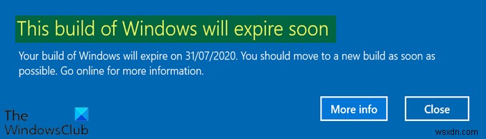 This build of Windows will expire soon – Insider build error