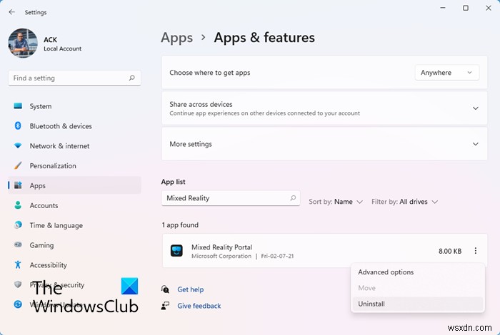 How to uninstall Mixed Reality Portal in Windows 11/10