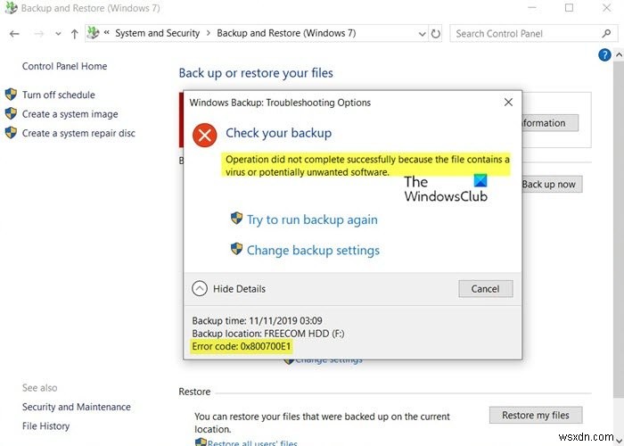 Windows Backup error 0x800700E1, Operation did not complete successfully
