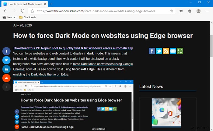 How to force Dark Mode on websites using Edge browser