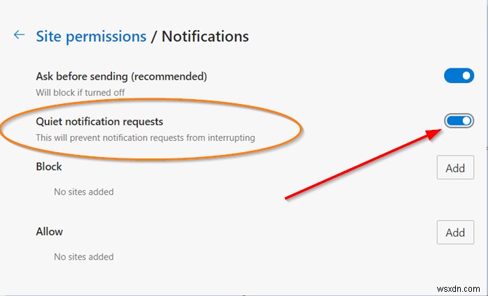 How to enable Quiet Notification Requests in Microsoft Edge browser