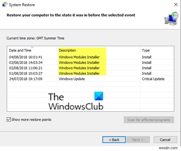 Windows Modules Installer listed System Restore Point fails in Windows 11/10