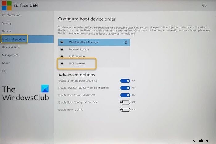 Surface Laptop PXE boot attempt fails in Windows 10