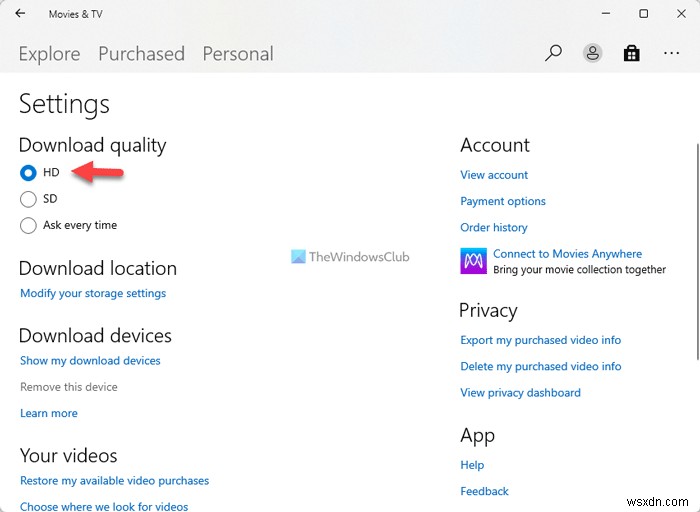 Make Movies & TV app of Windows 11/10 always download HD videos