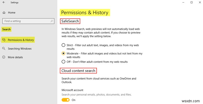 Search Settings in Windows 10 – Permissions, History, Searching Windows
