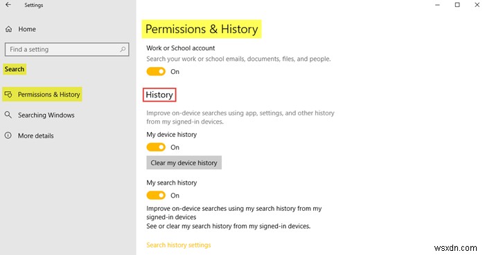 Search Settings in Windows 10 – Permissions, History, Searching Windows