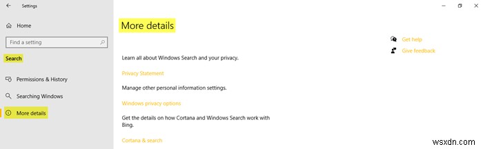Search Settings in Windows 10 – Permissions, History, Searching Windows