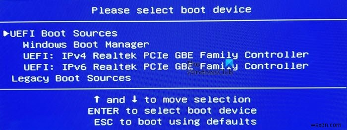 Please select boot device – UEFI Boot Sources