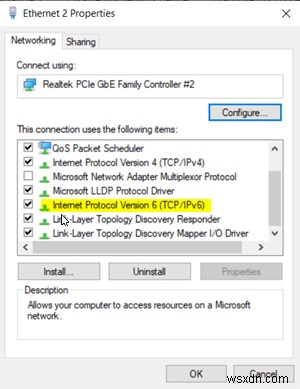 An unexpected error occurred in Network Connections Properties of Windows 10