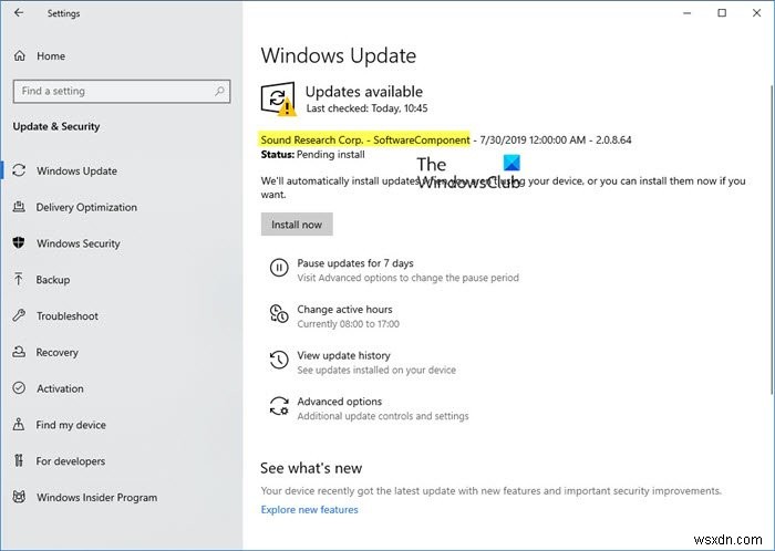 What is Sound Research Corp SoftwareComponent in Windows 10 Update?