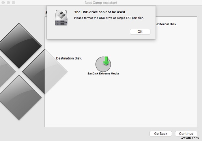 Please format the USB drive as single FAT partition: Boot Camp Assistant