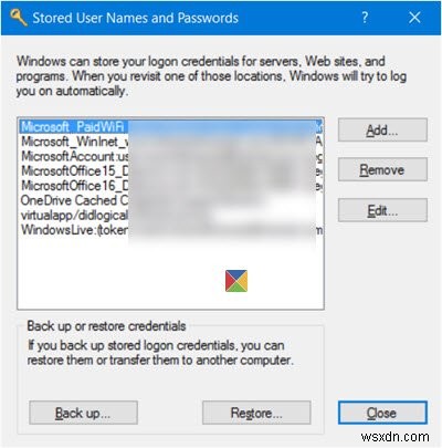 Find, add, remove, edit, backup, restore Stored Usernames and Passwords in Windows 11/10
