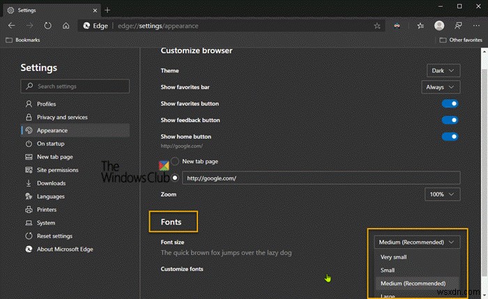 How to change the default font size and style in Microsoft Edge browser