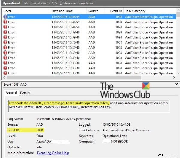 Event ID 1098: Error 0xCAA5001C, Token broker operation failed in Windows 10