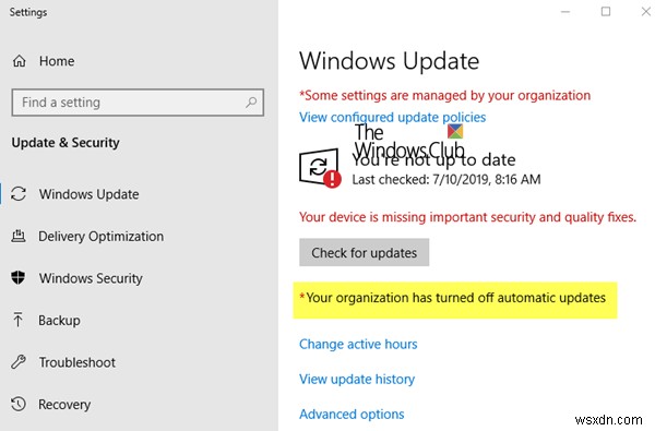 Your organization has turned off automatic updates in Windows 11/10