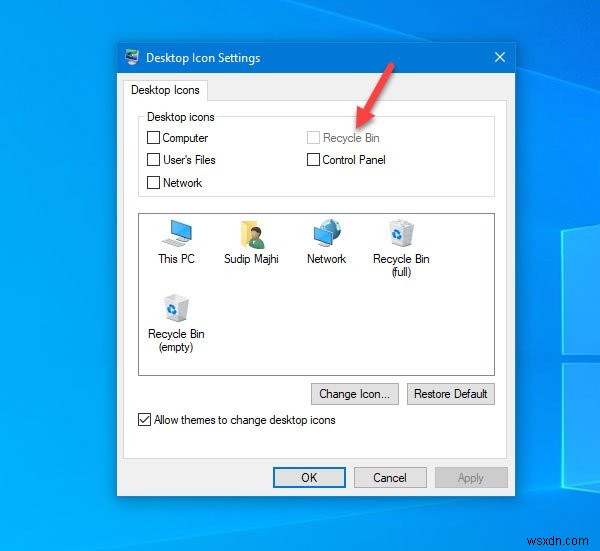 Recycle Bin is greyed out in Desktop Icon Settings on Windows 10