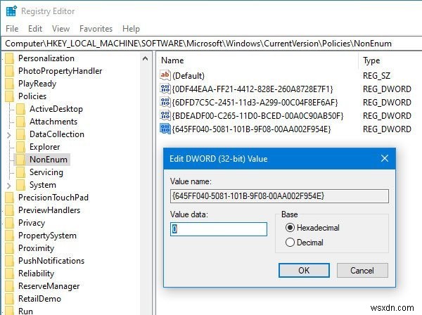 Recycle Bin is greyed out in Desktop Icon Settings on Windows 10