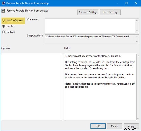 Recycle Bin is greyed out in Desktop Icon Settings on Windows 10