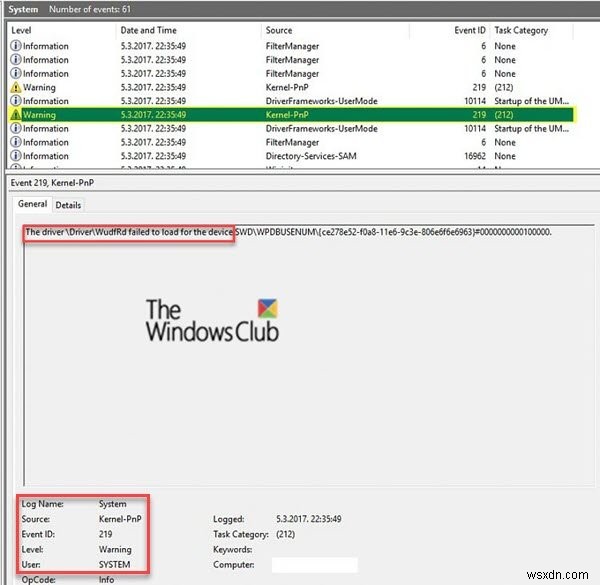 Event ID 219 error when a device is plugged; Driver WUDFRD failed to load
