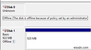 The disk is offline because of policy set by an administrator