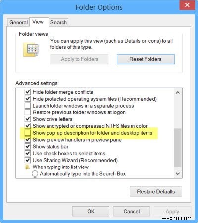 Disable pop-up description for folder & desktop items in Windows 10