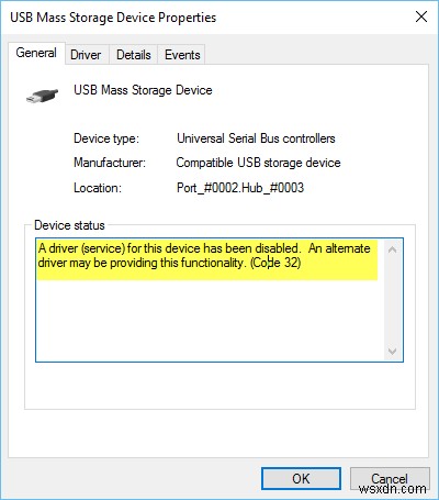 A driver (service) for this device has been disabled (Code 32)