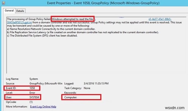 The processing of Group Policy failed, Event ID 1058
