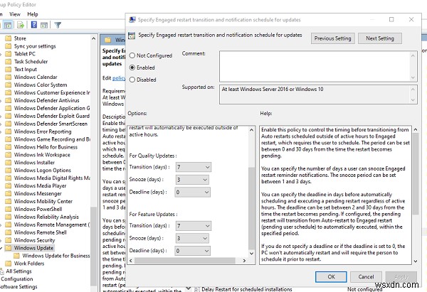 Specify Engaged restart transition and notification schedule for Updates