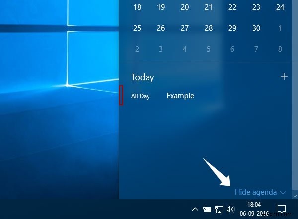 How to hide Agenda from Taskbar Clock in Windows 10