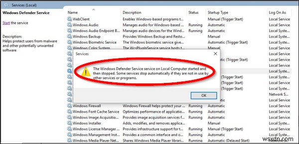 Windows Defender Antivirus Network Inspection Service started and then stopped
