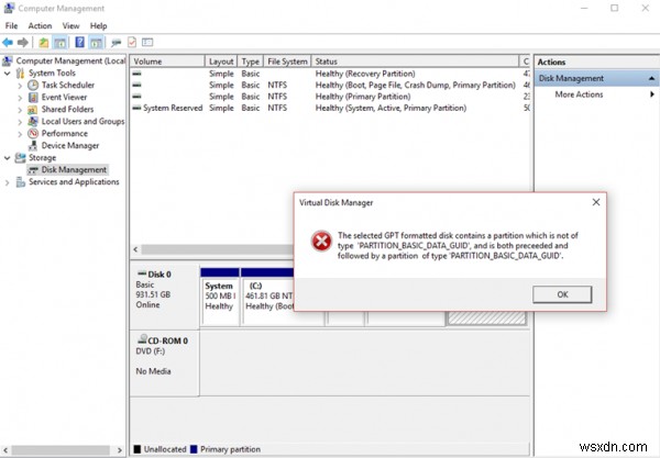 Selected GPT formatted disk partition is not of type PARTITION_BASIC_DATA_GUID