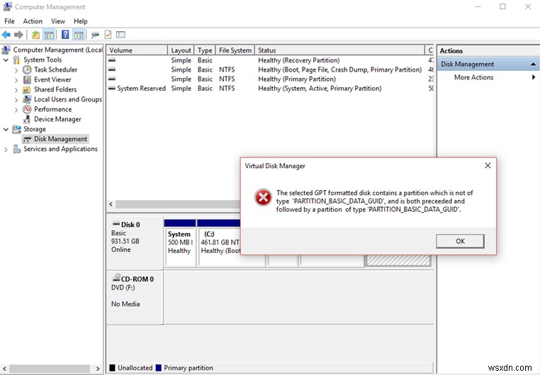 Selected GPT formatted disk partition is not of type PARTITION_BASIC_DATA_GUID