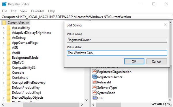 How to change the Registered Owner & Organization Info in Windows 10