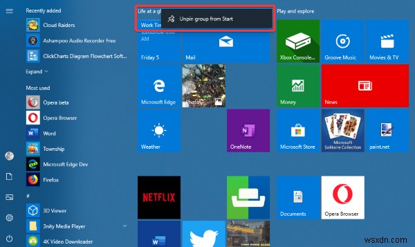 How to unpin a group of Tiles or Folders from Windows 10 Start Menu