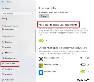 Allow or deny Apps permission to access Account info, Name and Picture