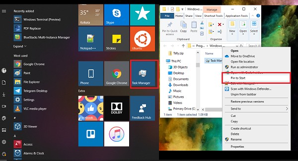 Pin Task Manager to Taskbar or Start Menu; Minimize Taskbar to System Tray