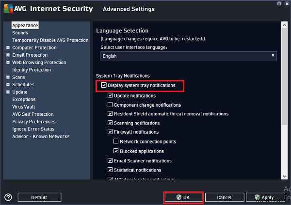 How to disable AVG AntiVirus Free system tray Notifications