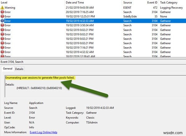 Enumerating user sessions to generate filter pools failed
